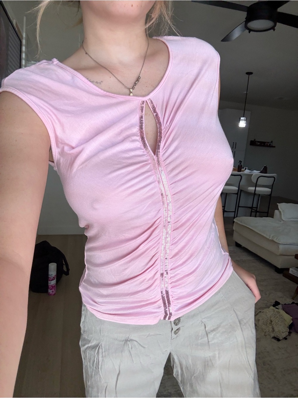 Design History Soft Pink Ruched Keyhole Tank